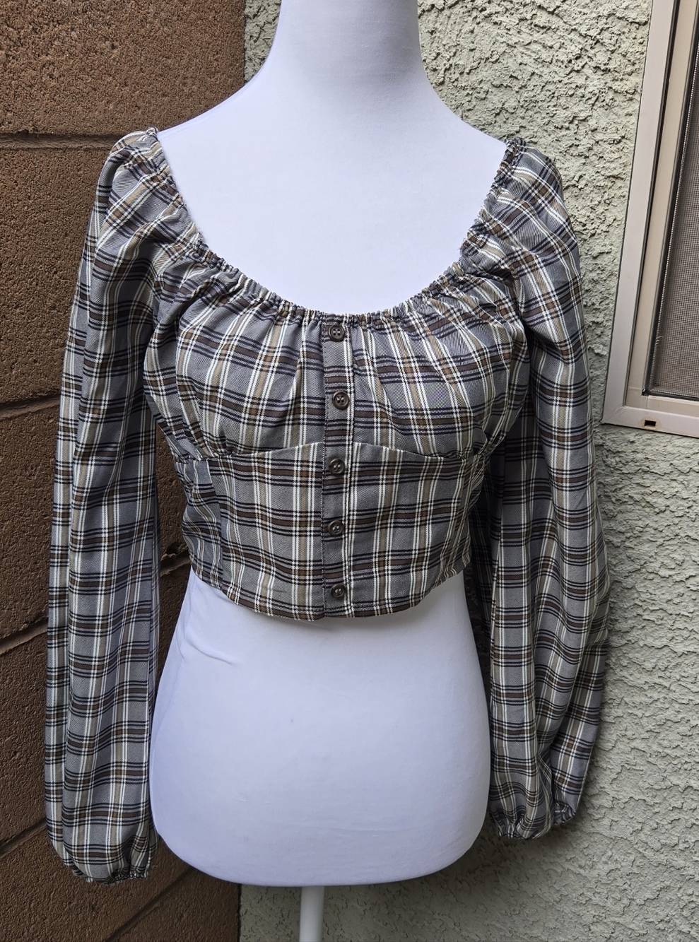 Madeline & Monroe Plaid Off-Shoulder Long Sleeve Crop Top - Brown/Cream